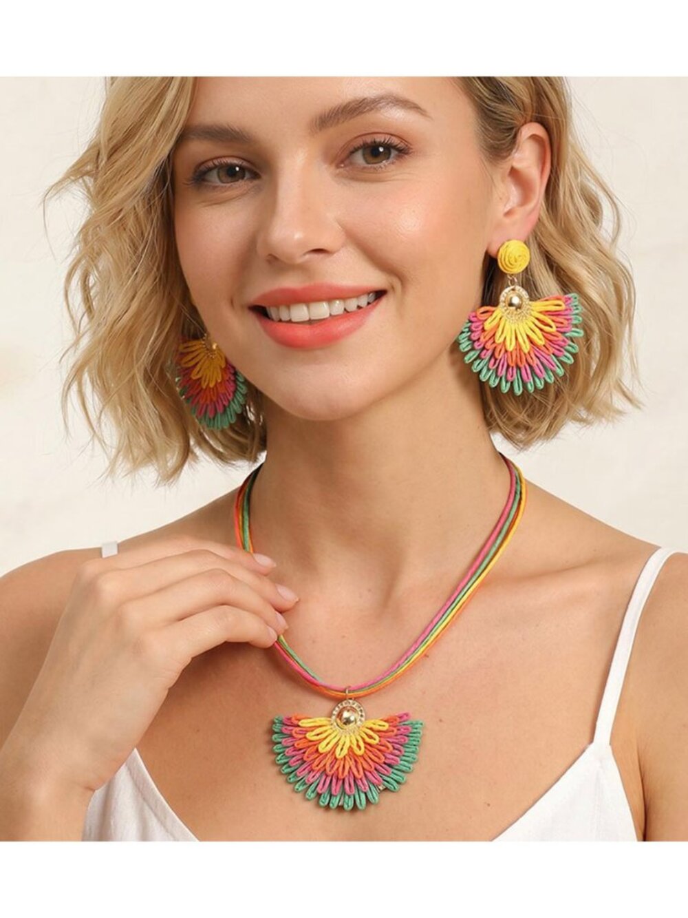 Tigerstars Multi Color Raffia Fan Pendant Multi Strand Necklace